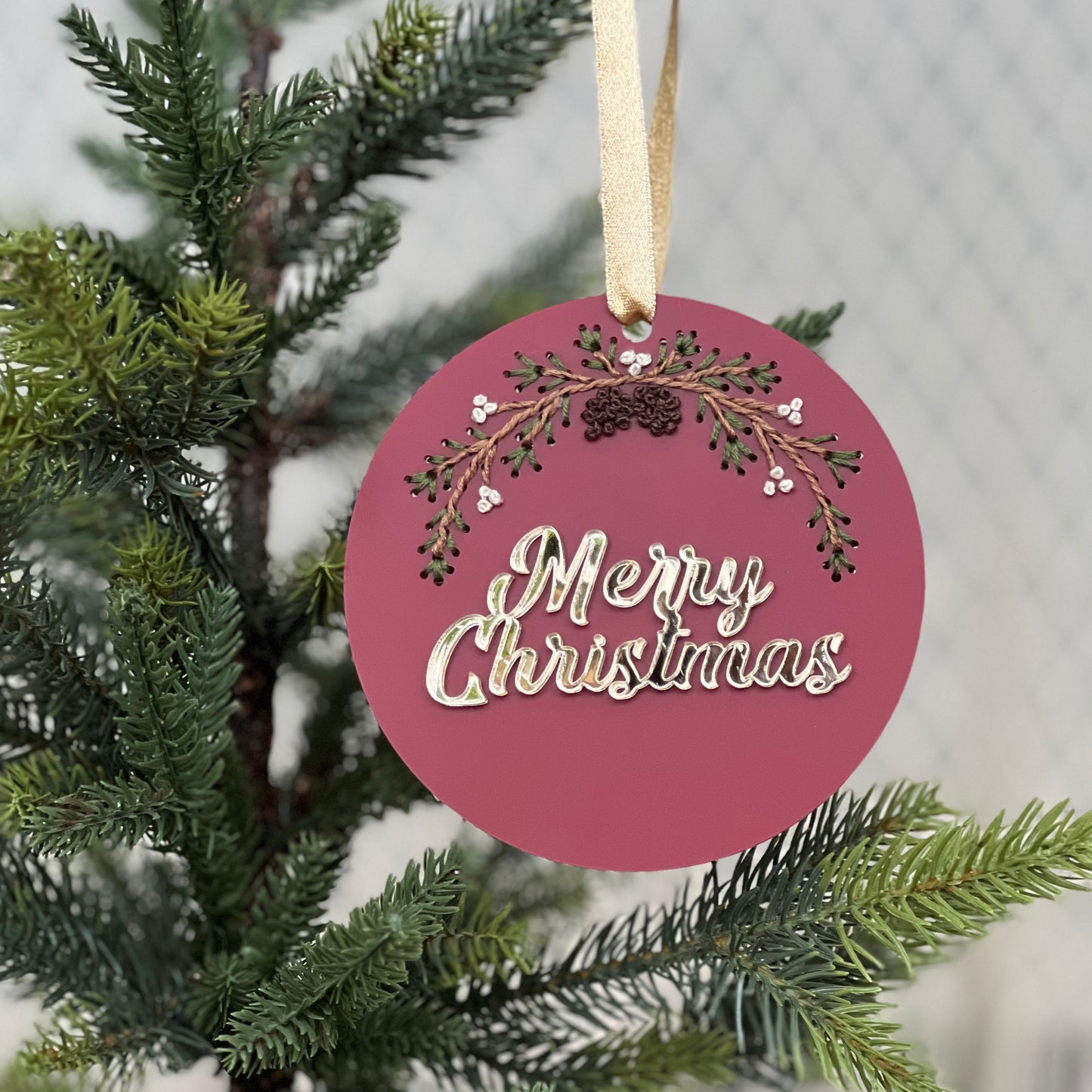 Merry Christmas Embroidery Ornament on Acrylic