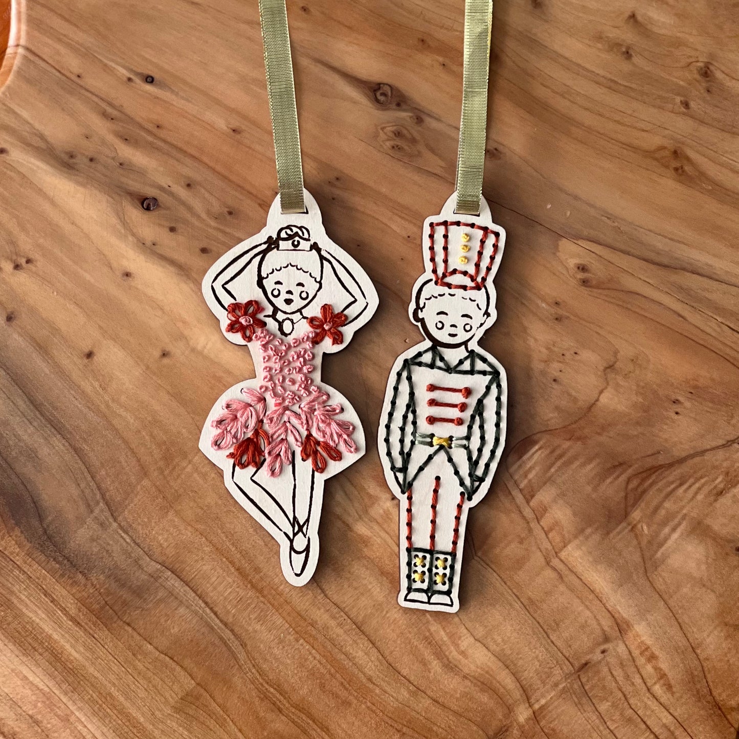 Nutcracker Ornament Set Embroidery on Wood