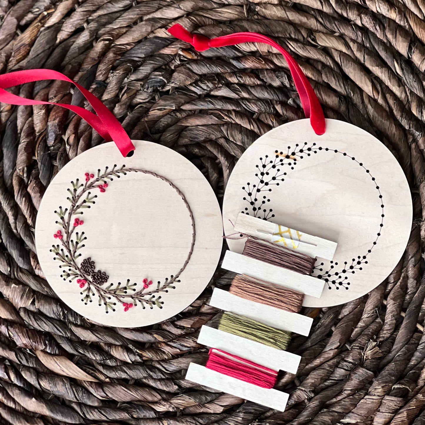 Pinecone Wreath Ornament Wood Embroidery