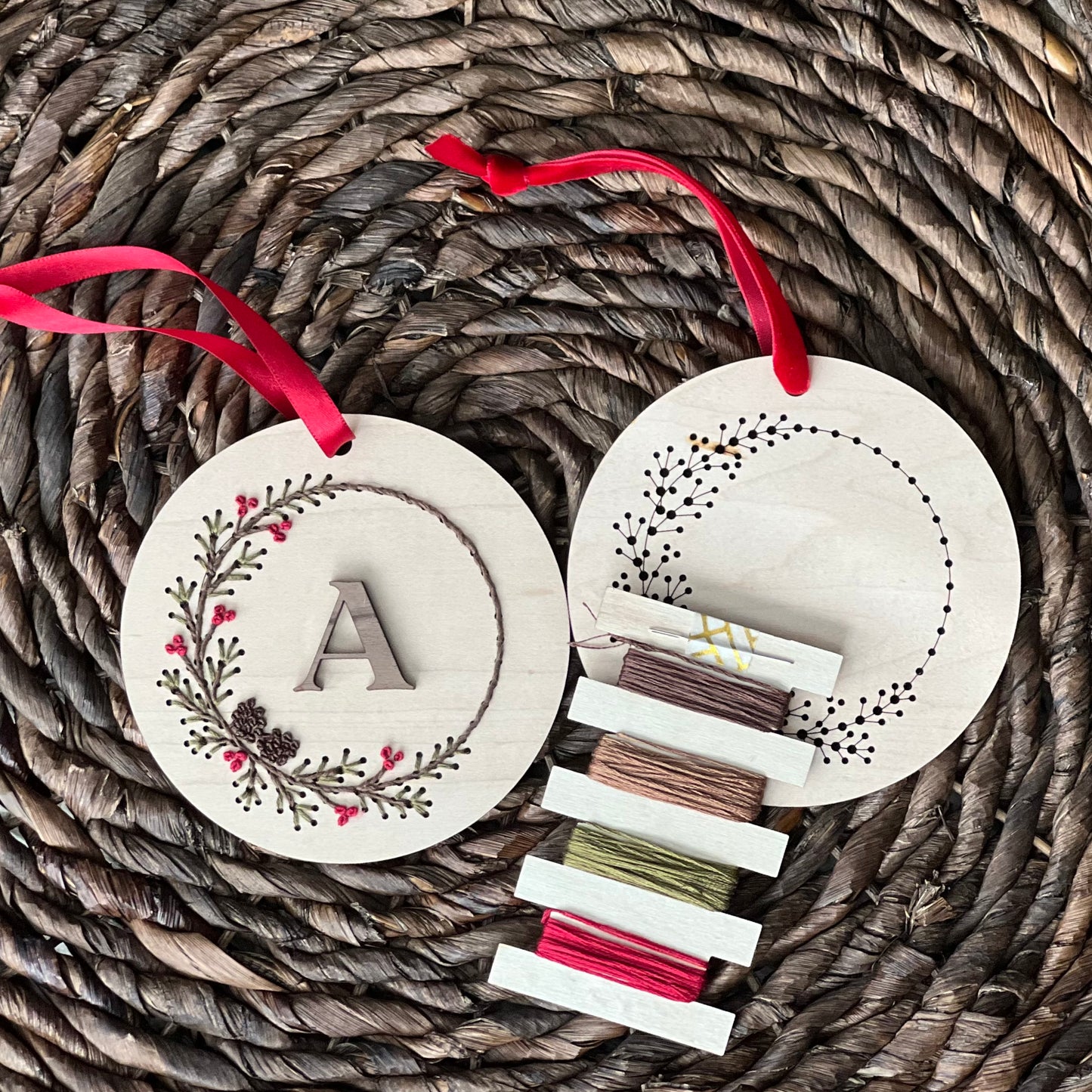 Pinecone Wreath Ornament Wood Embroidery