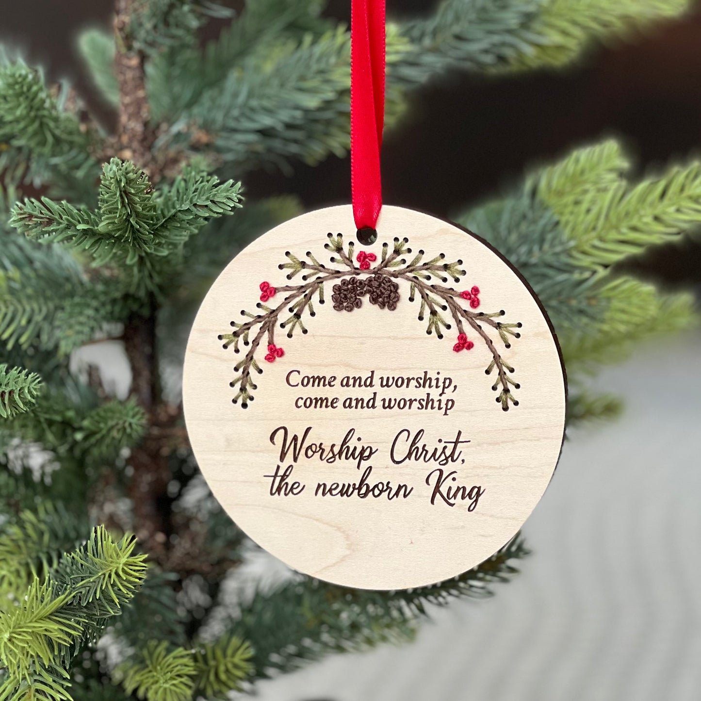 Come and Worship Wood Embroidery Ornament